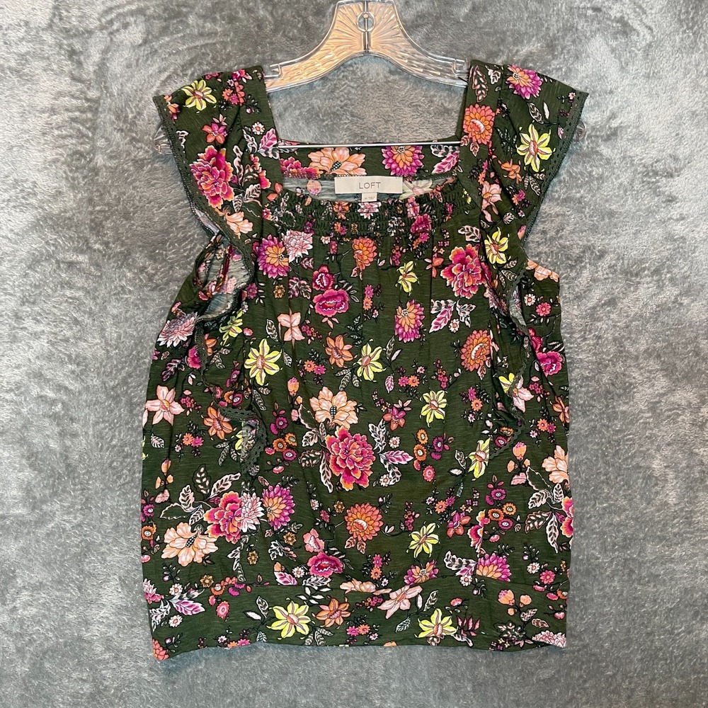 LOFT‎ Women Colorful Floral Ruffle Bloomcore Sleeveless Square Neck Bubble Top M